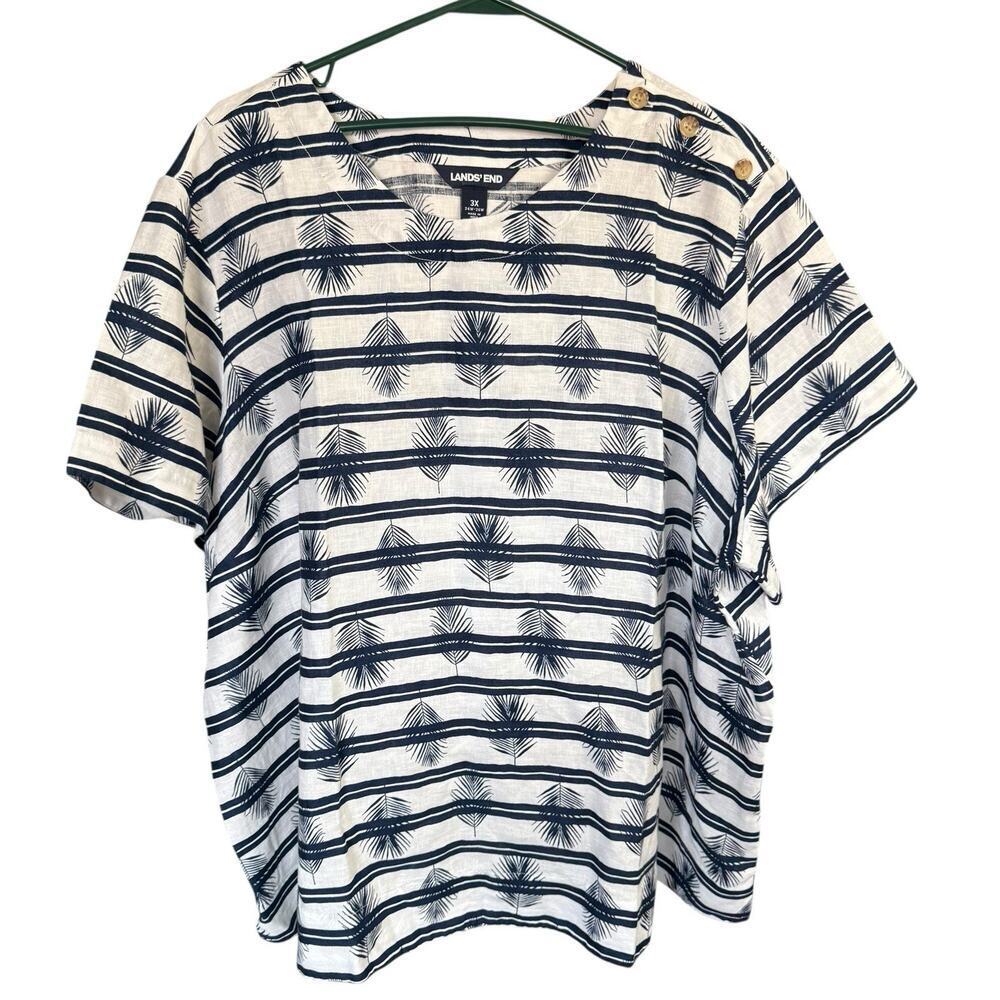 LANDS’ END Leaf Stripe Print LINEN White Navy Top 3X Oversized Relaxed Comfy
